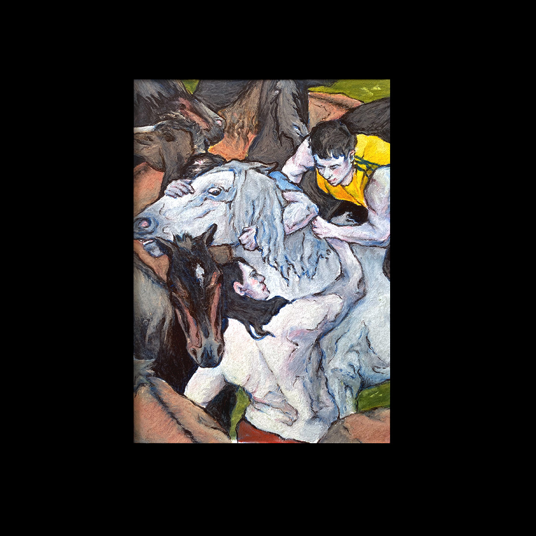 The image shows a colorful charcoal drawing. At the center is a white horse, tightly wedged between brown horses. Two men are standing next to the horse, holding it by the neck, while a man in a yellow top is sitting on the horse. The horse appears panicked and wild.